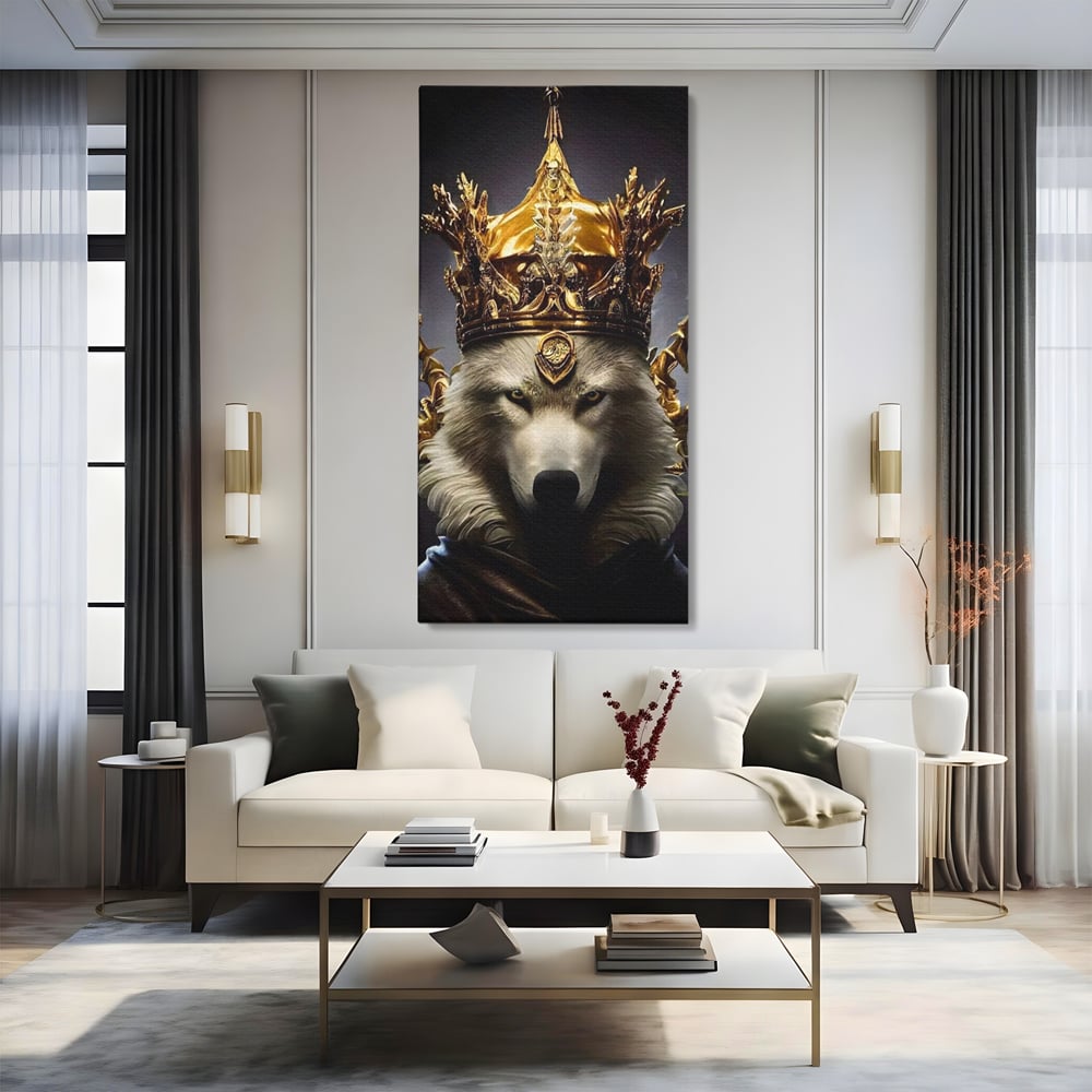 Tablou canvas cu tablou canvas cu lup rege incoronat, fara rama, pe sasiu de lemn, pe perete intr-un living